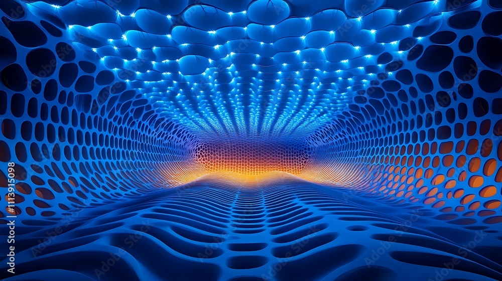 Poster blue and orange abstract tunnel with illuminated patterns and gradients for digital art backgrounds