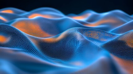 Abstract Wavy Surface with Neon Lights and Dots in Blue and Orange Tones for Futuristic Backgrounds