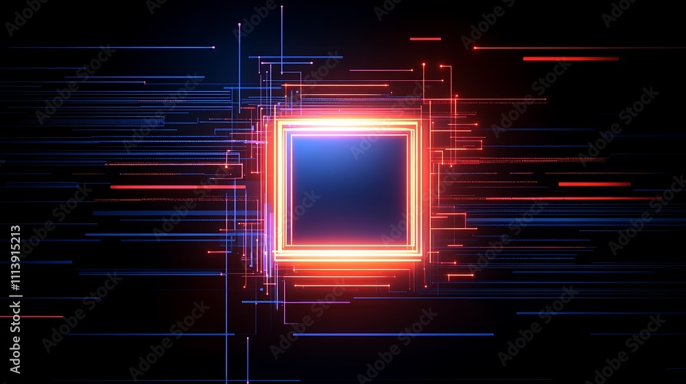 Poster Bright Neon Square Frame Surrounded by Dynamic Light Trails in Abstract Digital Background