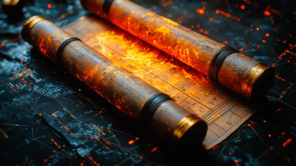 Ancient scrolls of leadership cosmic realm artifacts mysterious environment close-up view unraveling secrets of lomodius