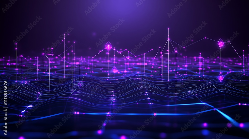 Poster colorful abstract data visualization with glowing lines and dots in a digital landscape