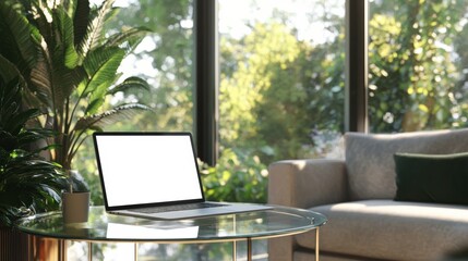Elegant workspace with laptop on glass table and greenery view