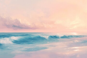 Fototapeta premium Serene Ocean Waves at Sunrise: Tranquil Seascape with Pastel Sky and Gentle Surf for Relaxation and Peaceful Home Decor