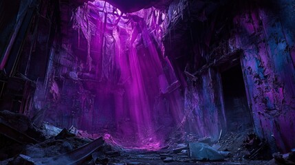 Purple Light Illuminates Ruined Interior Space