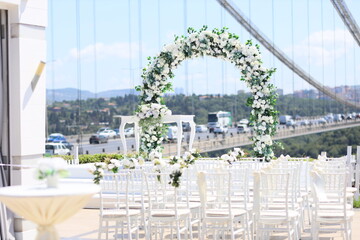 Stunning Outdoor Wedding Ceremony Setup with Bosphorus Bridge View - Perfect for Destination...