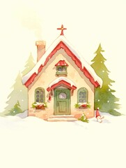 Charming Christmas cottage with a red snow-covered roof, green door, and festive decorations including hanging ornaments and window planters. Set against pine trees, this illustration evoke