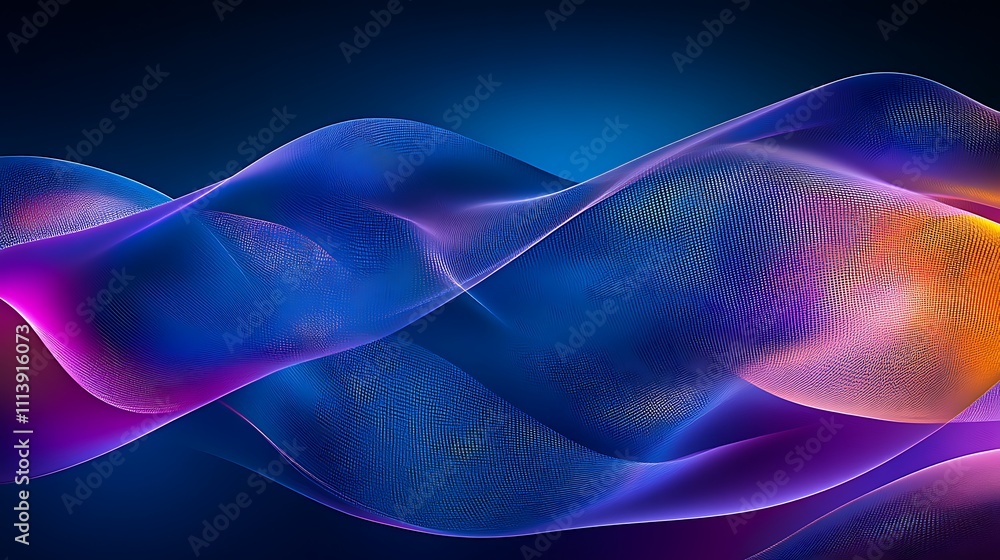 Poster colorful abstract waves flowing through space with soft gradients and light reflections in blue back