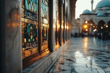 Fototapeta premium Stunning Architectural Detail of Colorful Stained Glass Windows Illuminated by Soft Evening Light in an Historic Mosque with Traditional Patterns and Textures