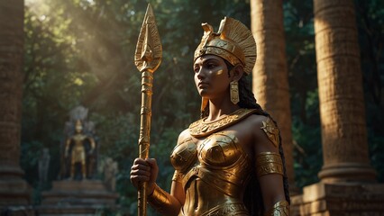 Obraz premium Statue of Thebes, the goddess, holding a golden spear, standing in an ancient temple, with a strong light and sacred forest in the background, with courage and strength symbols carved on the base.