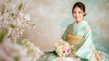 優雅な緑の振袖姿で成人式を祝う女性のスタジオ写真