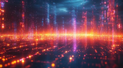 Obraz premium Futuristic city skyline with glowing digital towers and data streams.