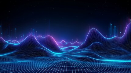 Digital Landscape with Abstract 3D Waves and Futuristic Neon Lights on Dark Background