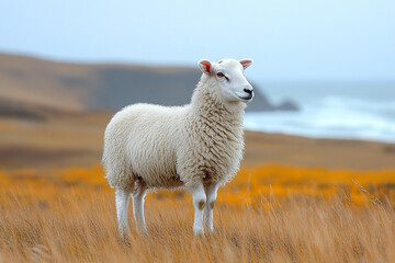 Fototapeta premium Single White Sheep Standing in Autumnal Grassland