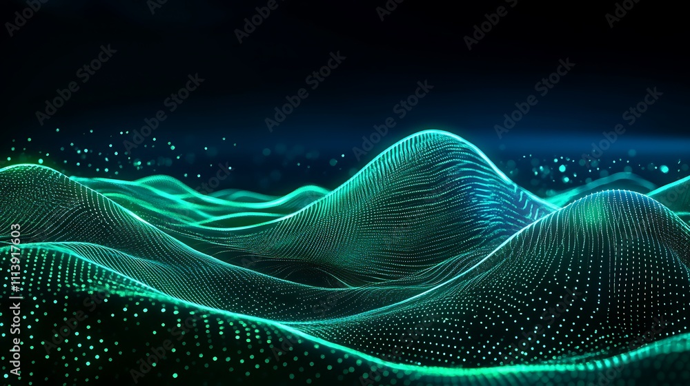 Poster digital wave patterns with neon green lines and points on a dark background for abstract technology 