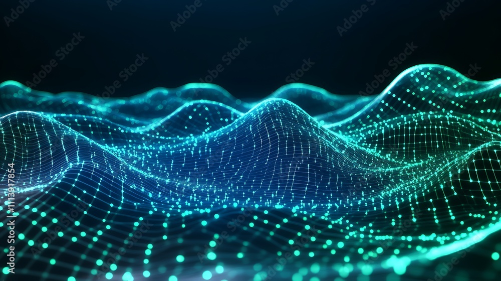 Poster digital waves of light in geometric patterns representing data flow and connectivity in a virtual sp
