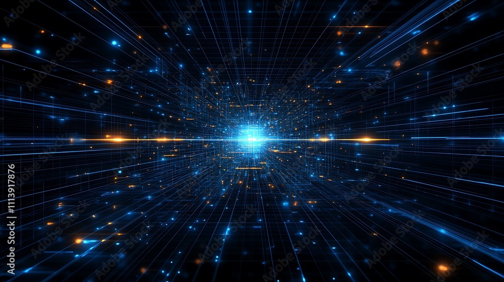 Poster dynamic abstract background of light rays and particles in a digital space with vivid blue and orang