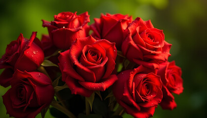 Fototapeta premium Bouquet of red roses with water droplets representing love on blurred green background