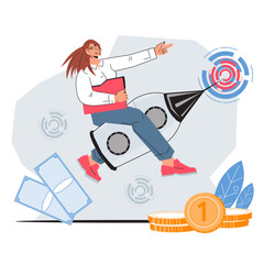 A successful businesswoman and entrepreneur achieving success in her career and goals by realizing potential. Motivation for entrepreneurship and startup, career growth, vector illustration isolated.