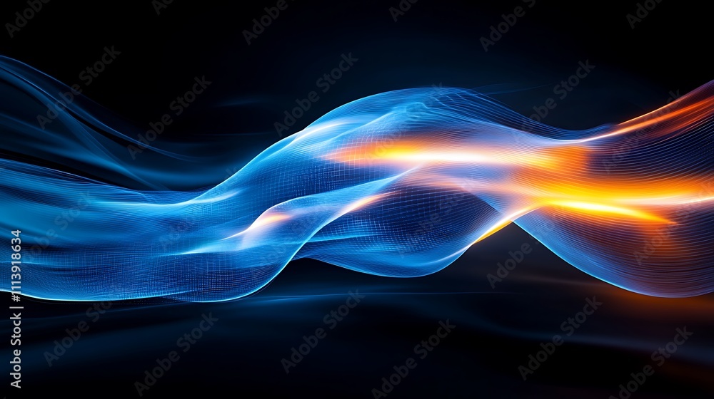 Poster dynamic flow of blue and orange light waves in abstract design representing movement and energy