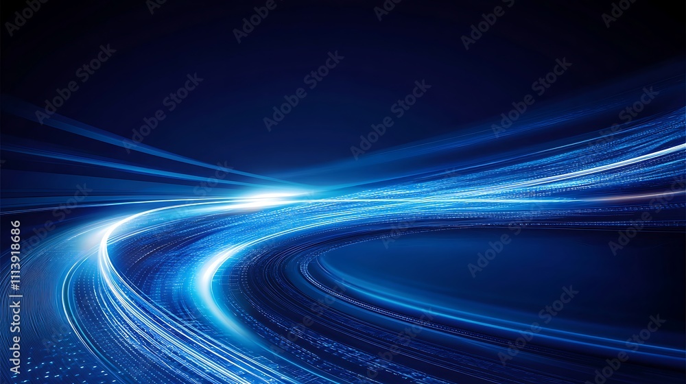 Poster dynamic flow of blue light creating abstract motion effect in dark background for technology and des