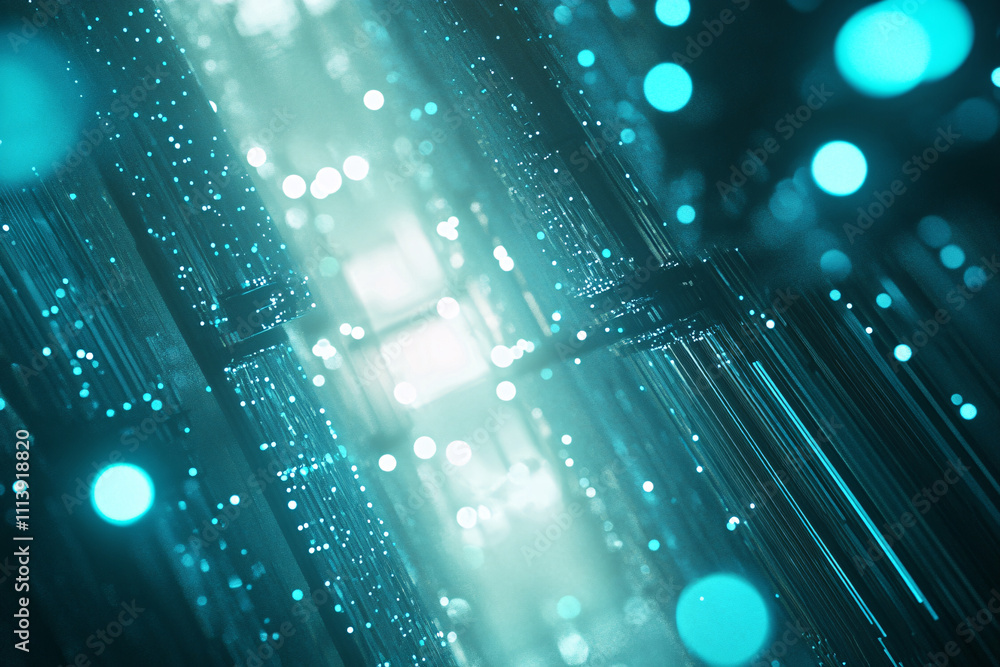 Poster futuristic glowing vertical light beams in blue tones with shimmering particles on a dark background