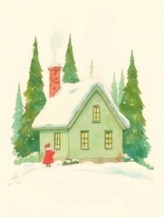 Snow-covered green cottage with red chimney, surrounded by pine trees, winter landscape illustration, ideal for xmas cards, holiday postcards, or seasonal print designs, with copy space