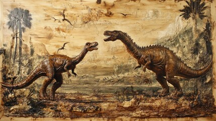 Fototapeta premium A carved wooden relief depicting two dinosaurs in a prehistoric landscape.