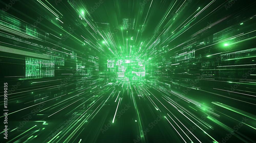 Poster dynamic green light rays through data stream in futuristic digital environment
