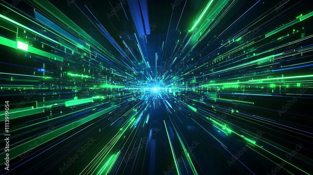 Aufkleber dynamic green and blue light rays creating abstract energy flow in a futuristic digital space backgr