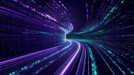 Fototapeta premium Dynamic Light Trails in a Futuristic Digital Tunnel with Neon Colors and Abstract Patterns