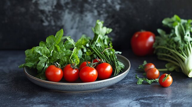 Fresh red cherry tomatoes and green vegetables lying on dark table