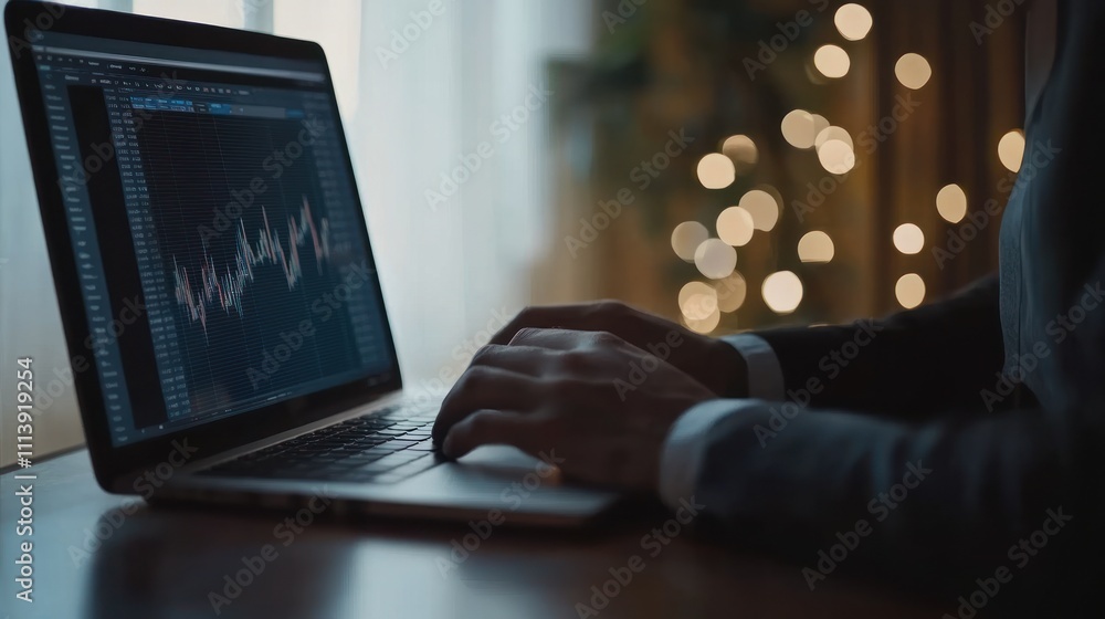 Poster person analyzing data on a laptop with bokeh background