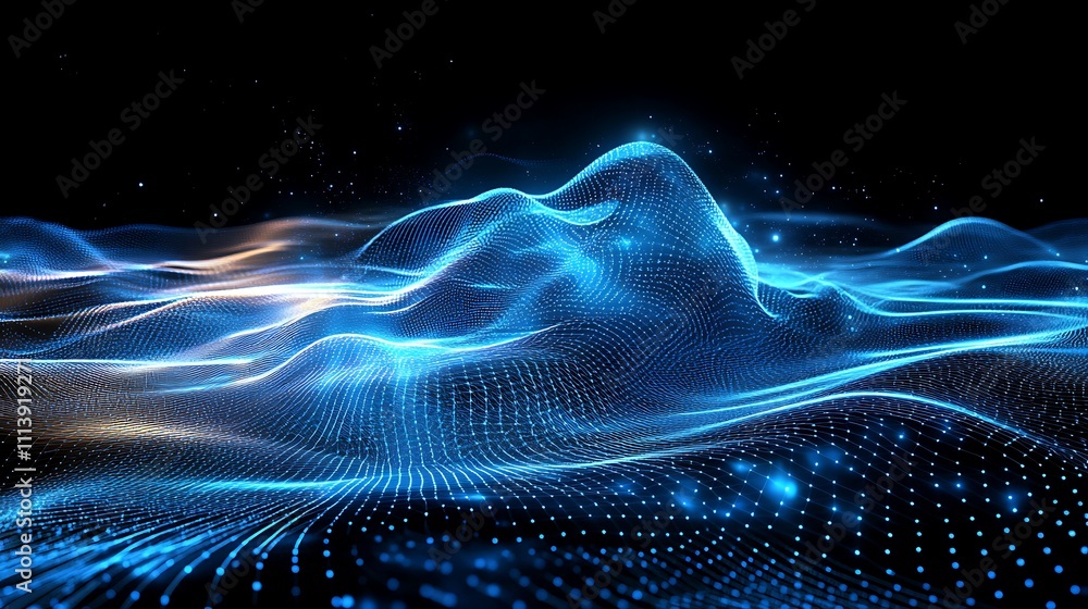 Poster ethereal blue waves of digital particles and light creating a stunning visual of abstract technology