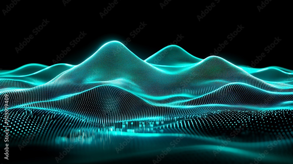 Poster ethereal digital waves in glowing turquoise and black background for futuristic concepts and visuali
