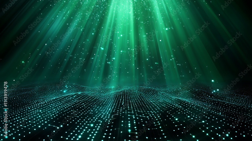 Poster ethereal green lights and particles illuminating a dark background with rays of light shining down