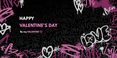 Happy valentines day graffiti background, banner in street art style. Grunge hand drawn wall art, spray paint hearts, love symbols. Colorful urban template for web, social media, print. © v1ra