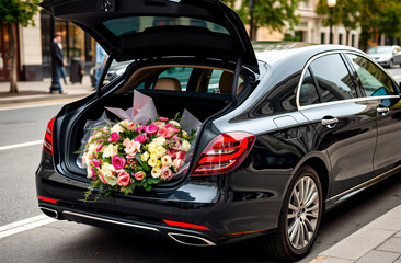 Bouquets of flowers are ready for delivery from a luxury car on a busy city street.