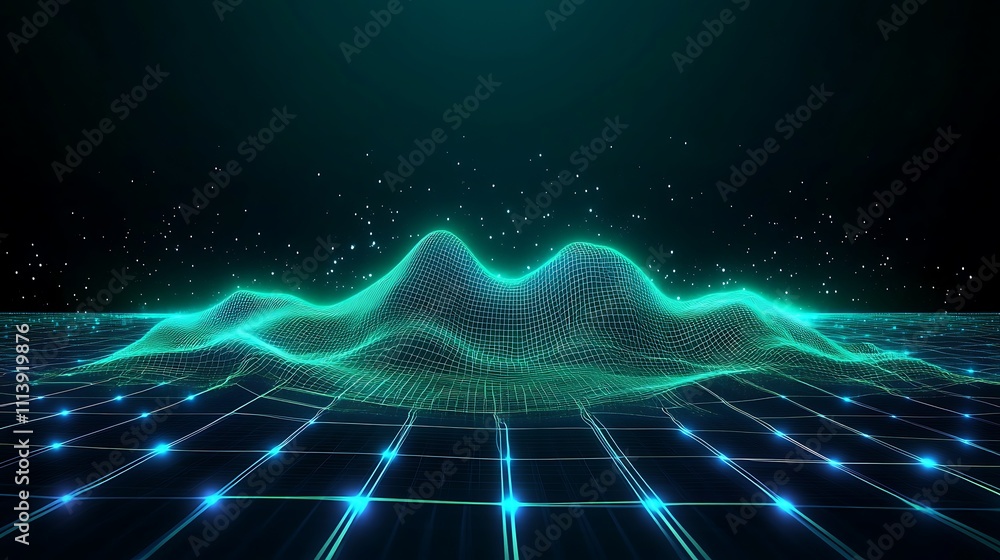 Poster futuristic 3d wireframe landscape with neon grid and sparkling stars in a digital space scene