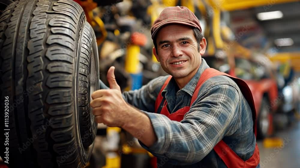 Wall mural A happy mechanic in an auto repair shop gives a car tire the thumbs up.