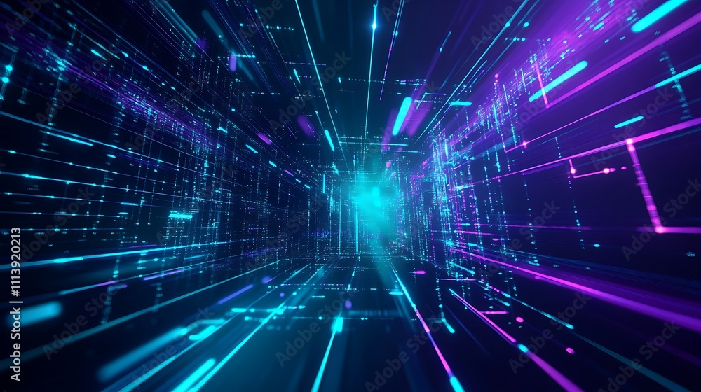 Poster futuristic abstract background with bright neon colors depicting digital data flow and matrix-like e