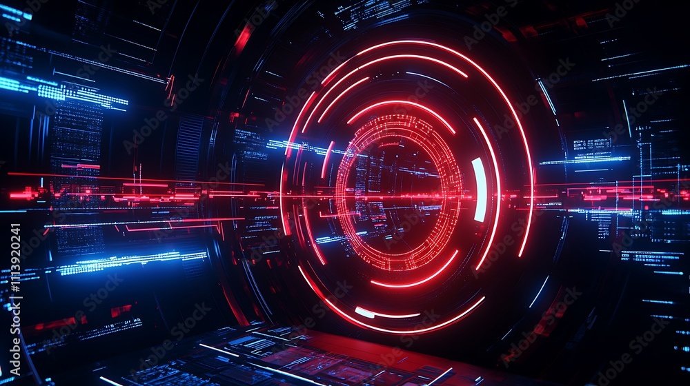 Poster futuristic abstract background with circular neon patterns and digital elements in red and blue colo