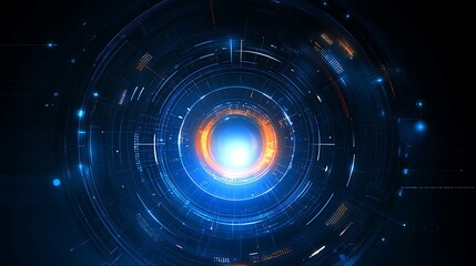 Futuristic Abstract Background with Circular Patterns and Bright Central Light in Blue and Orange Shades