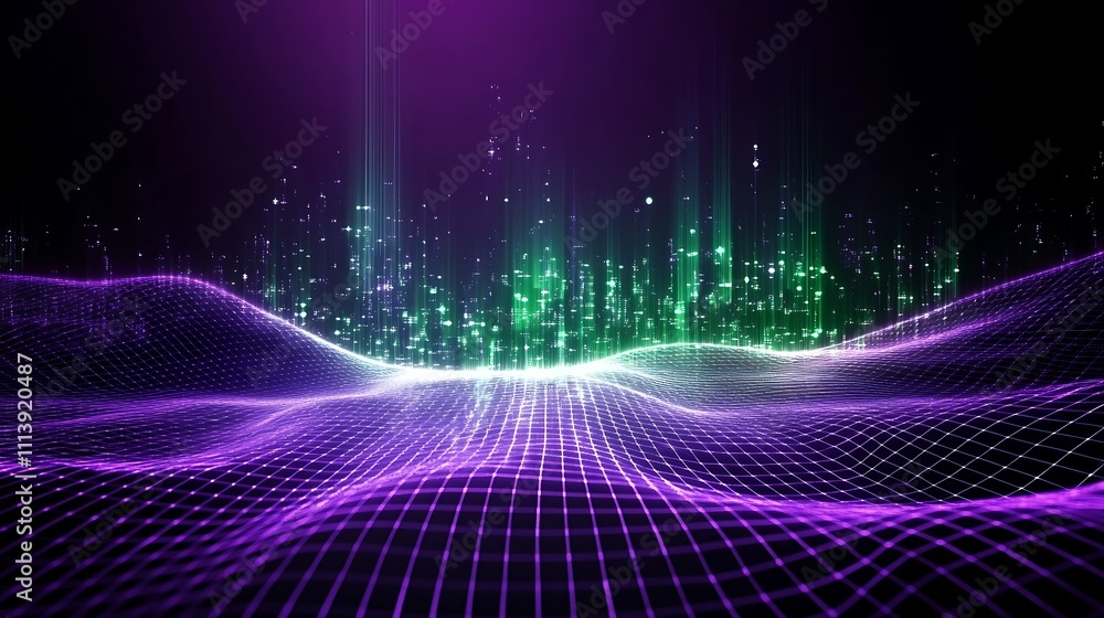 Poster futuristic abstract background with colorful wave patterns and glowing particles in purple and green