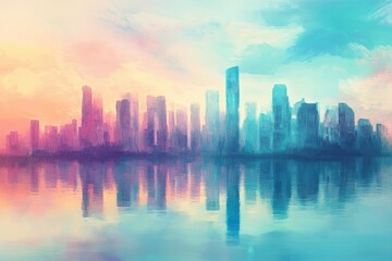Fototapeta premium Stunning City Skyline Reflection at Sunrise: Vibrant Colors and Modern Architecture in a Dreamy Atmosphere