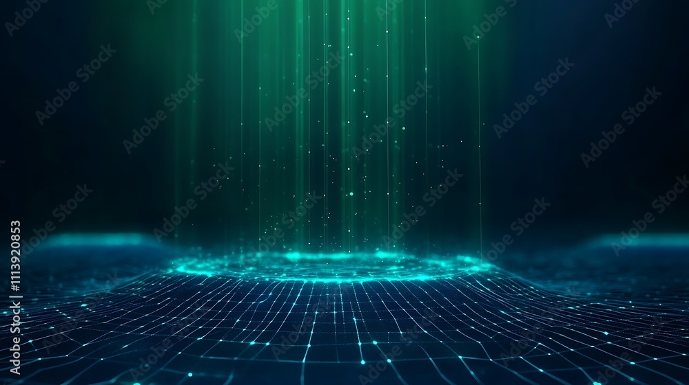 Poster futuristic abstract background with light rays and glowing particles in a digital environment
