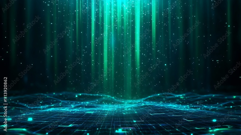 Poster futuristic abstract background with light beams and sparkling particles over dark space for digital 