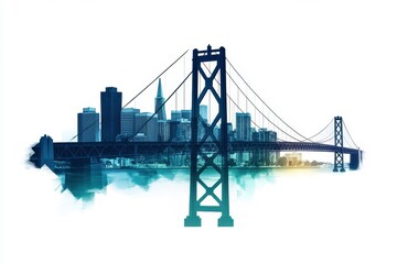 Fototapeta premium Artistic Representation of an Iconic Bridge with a Modern City Skyline Showcase, Evoking a Serene and Urban Atmosphere, Perfect for Travel and Cityscapes Themes