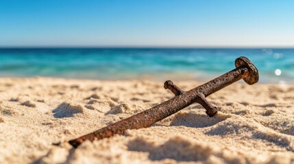 Ancient harpoon resting on sandy beach, partially buried with weathered wooden handle and rusted metal tip, evoking historical maritime heritage and archaeological significance.