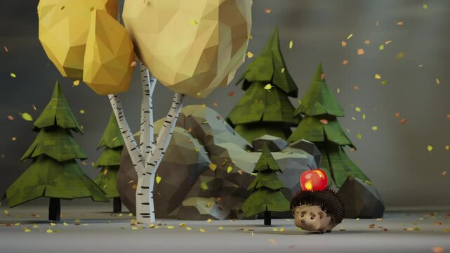 A little hedgehog is running through an autumn forest. The hedgehog is carrying an apple on his back. Low poly modelling, computer 3D animation