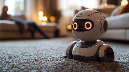 Fototapeta premium Humanoid ai robot vacuuming a modern living room